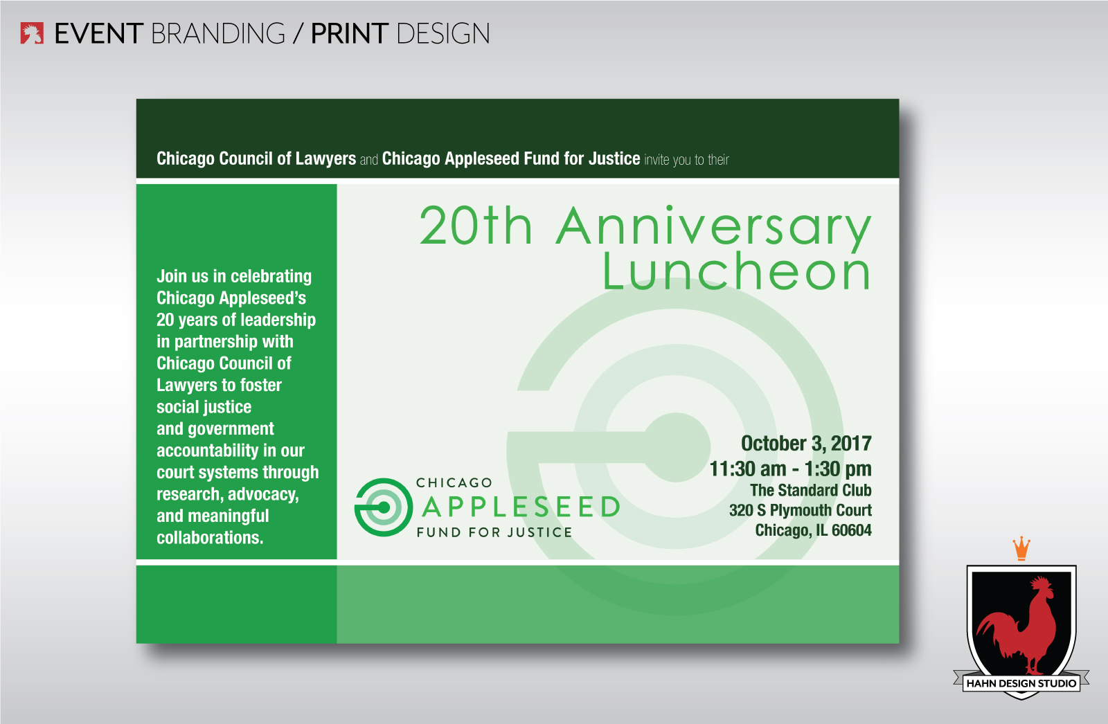Event Branding & Print Design for the Chicago Appleseed 20th Anniversary Luncheon